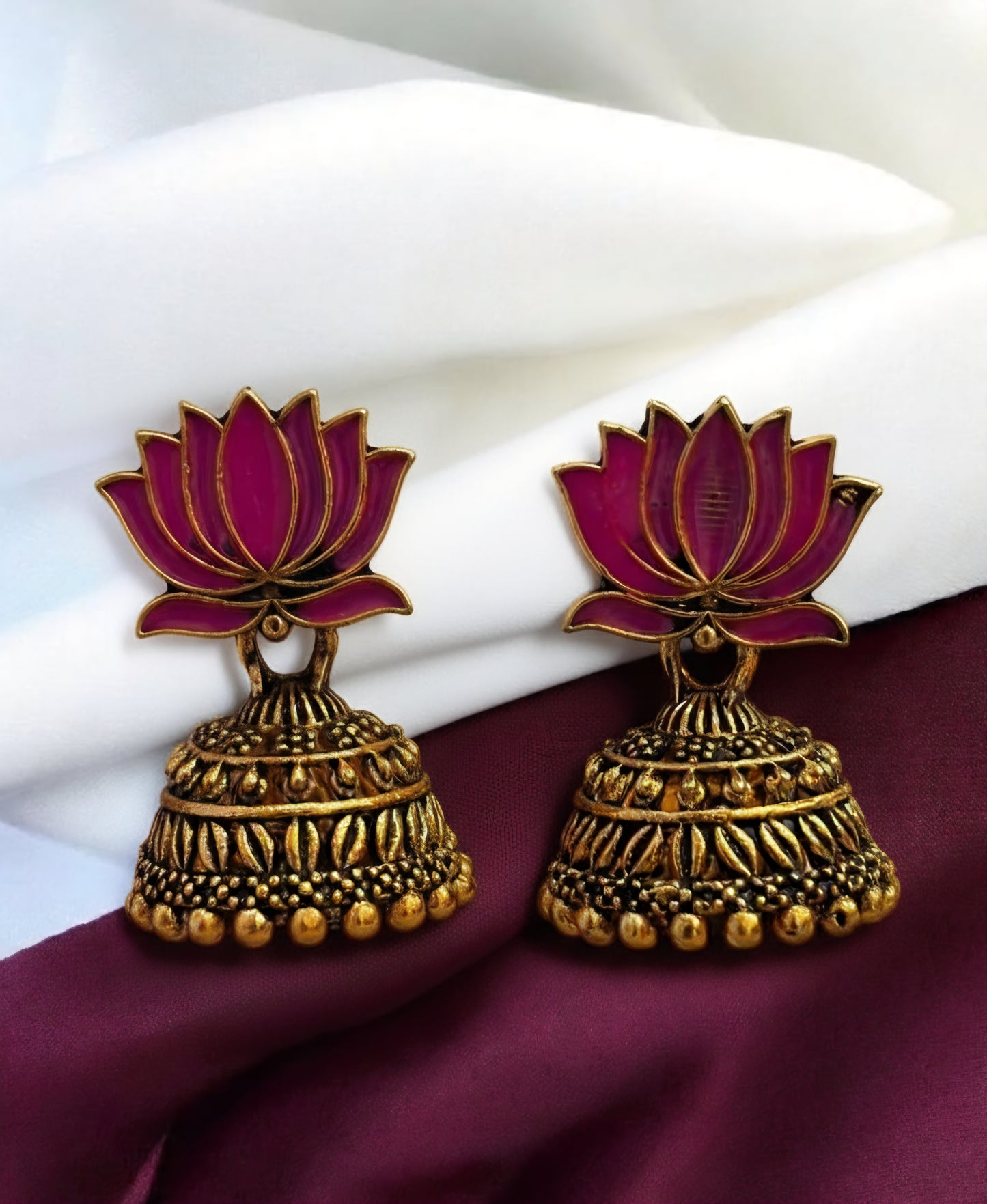 Lotus Bloom Antique Jhumka - Magenta