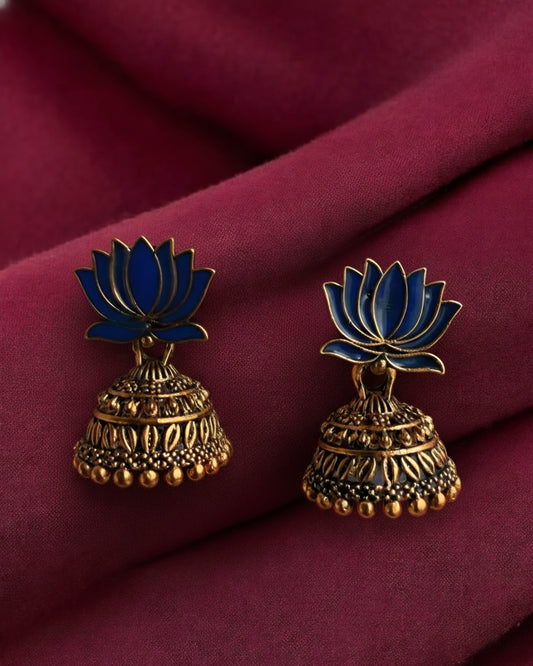 Lotus Bloom Antique Jhumka - Blue
